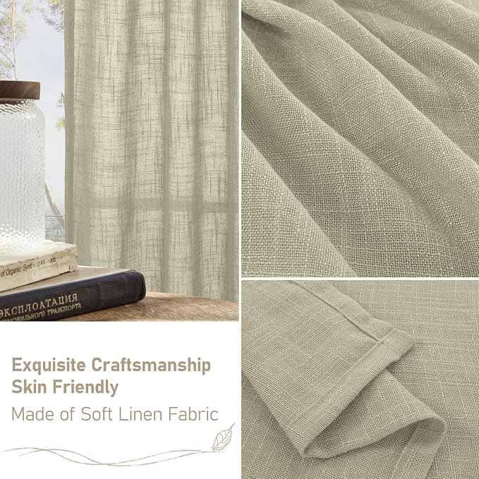 Sheer Linen Curtains 96 inches Long 2 Panels Set for Living Room | Rod Pocket Back Tab, Semi Sheer Panels, Light Filtering Farmhouse Drapes for Bedroom, Dining Room, Oatmeal, 52 x 96 Inch