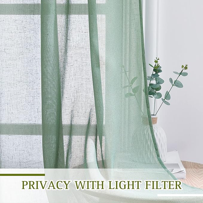 NICETOWN Semi Sheer Short Curtains for Small Window, Eyelet Top Bedroom Curtain Drapes Privacy with Light Filtering Linen Blend for Bedroom/Cafe/Kitchen, Olive Green, 2 Panels, W52 x L45