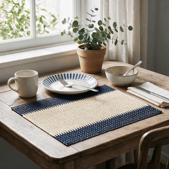 Artoid Mode Blue Paper Woven Farmhouse Stripe Placemats Set of 4,12x18 Inch Seasonal Holiday Table Mats Party Kitchen Dining Decoration