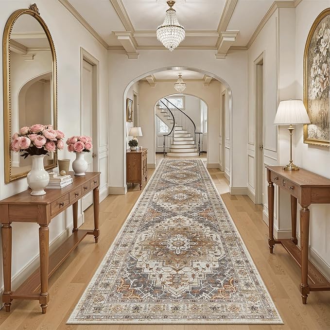 Madane Hallway Runner Rug 3x14 Washable Kitchen Runners Long, Turmeric/Grey | Vintage Non-Slip Wide Area Rugs 14ft for Entryway, Soft Thin Low-Pile Farmhouse Indoor Floor Carpet for Living Room Bedroom