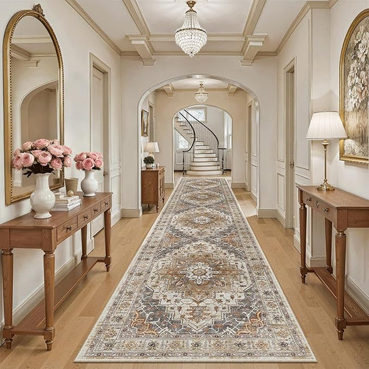 Madane Hallway Runner Rug 3x14 Washable Kitchen Runners Long, Turmeric/Grey | Vintage Non-Slip Wide Area Rugs 14ft for Entryway, Soft Thin Low-Pile Farmhouse Indoor Floor Carpet for Living Room Bedroom