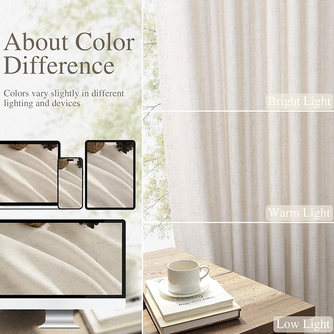 Warm Beige Linen Curtains 102 Inches Long for Bedroom Semi Sheer Light Filtering Modern Farmhouse Textured Hook Belt Back Tab Pleated Rod 102 Inch Window Curtain for Dining Room Nursery 2 Panels