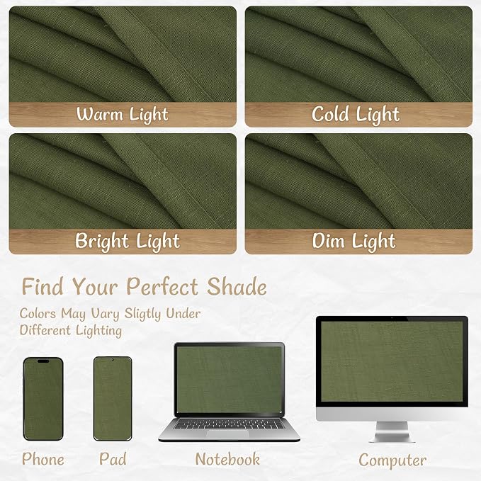 Semi Sheer Linen Curtains 48 Inch Length 2 Panels Set, Olive Green | Short Kitchen Curtains, Light Filtering Panels, Window Drapes for Bathroom, Small Windows, Back Tab Rod Pocket, 34 x 48 Inch