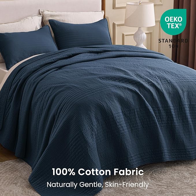 Love's cabin King Size Cotton Quilt Set, 100% Cotton Fabric Striped Textured Coverlet with Crinkled Look, Lightweight Quilted Bedspread for All Season, Includes 2 Pillow Shams, Navy