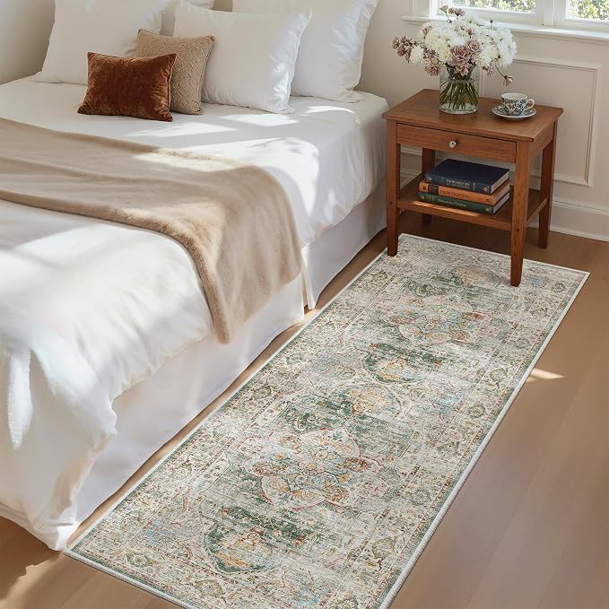 Madane Washable Runner Rug 2x6 Runners for Hallways Non Slip, Green | Vintage Stain-Resistant 6 Feet Kitchen Rug, Soft Low-Pile Ultra-Thin Floor Carpet Mat for Bathroom Laundry Room Bedroom 2x6ft