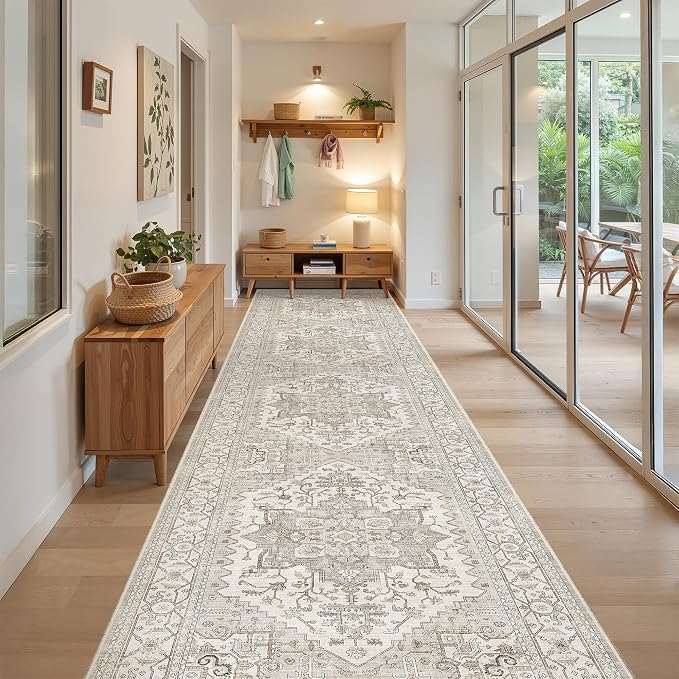 Madane Hallway Runner Rug 3x14 Washable Kitchen Runners Long, Beige/Brown | Vintage Non-Slip Wide Area Rugs 14ft for Entryway, Soft Thin Low-Pile Farmhouse Indoor Floor Carpet for Living Room Bedroom