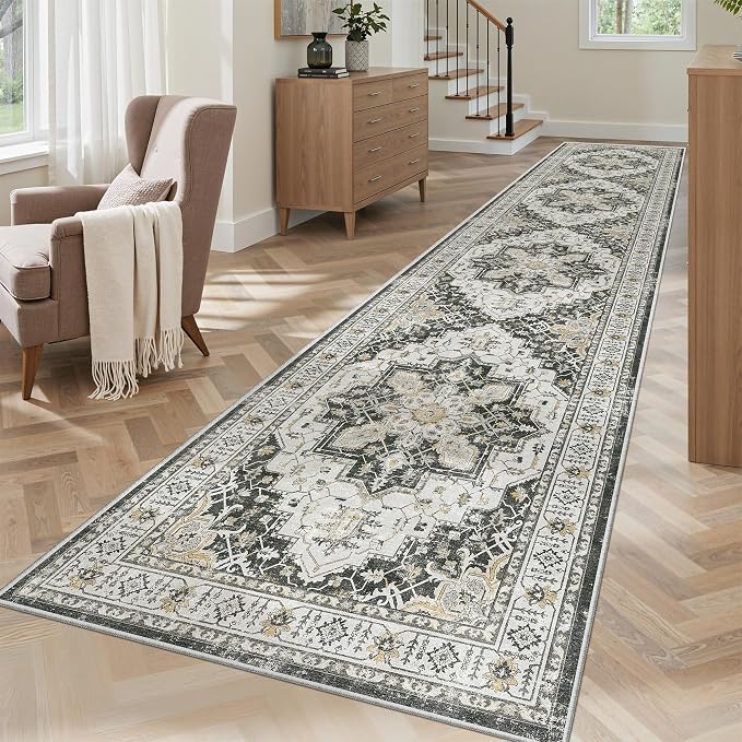 Madane Hallway Runner Rug 2'6''x12' Kitchen Runners Vintage, Black | Non-Slip Washable Rugs 12ft for Laundry Room, Entryway and Bedroom, Soft Low Pile Stain-Resistant Wide 2.5x12 Ft Floor Carpet