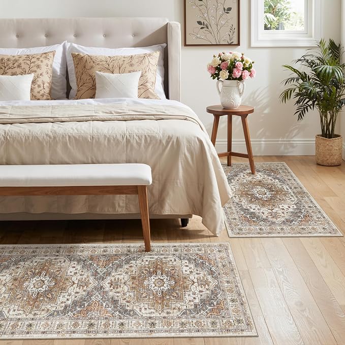 Madane 2-Piece Area Rugs Set, Small Kitchen Runner Non-Slip, Turmeric/Grey | Rug Runners Vintage Door Mat Indoor Entrance, Low Pile Floor Carpet for Inside Front Bedroom Entryway Entry Laundry 2x3+2x4