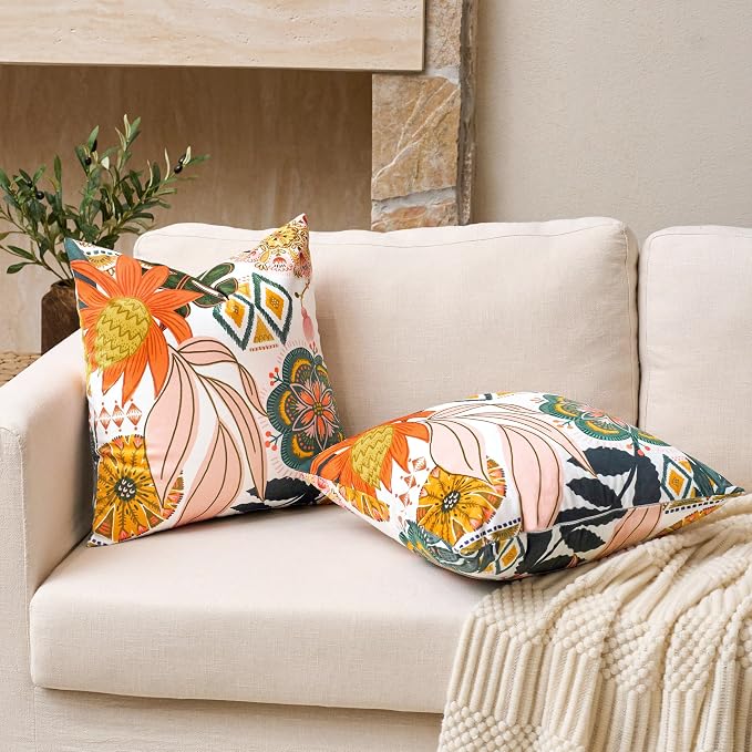 Tyrot Boho Floral Velvet Throw Pillow Covers 16x16 Inch Set of 2 Farmhouse Cushion Covers Mid Century Modern Botanical Home Decor Accent Pillow Cases for Couch Bed Sofa Living Room, Bedroom