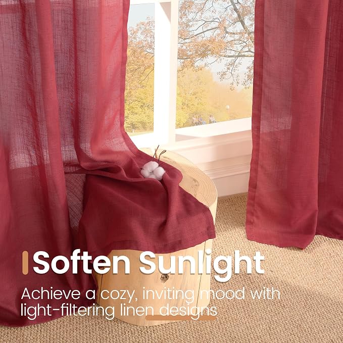 BGment Burgundy Curtains for Living Room 84 Inches Long 2 Panels Set, Linen Window Drapes Semi Sheer Light Filtering with Rod Pocket for Bedroom Dining Decor Lightweight, 52 X 84 Inch