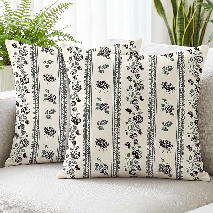 Hexagram Vintage Throw Pillow Covers 18x18, Floral Black Pillow Covers | Black, Set of 2, Boho Farmhouse Neutral Decorative for Couch Pillows, Home Decor, Bedroom, Living Room, No Insert