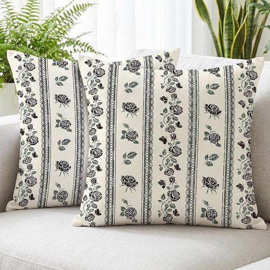 Hexagram Vintage Throw Pillow Covers 18x18, Floral Black Pillow Covers | Black, Set of 2, Boho Farmhouse Neutral Decorative for Couch Pillows, Home Decor, Bedroom, Living Room, No Insert