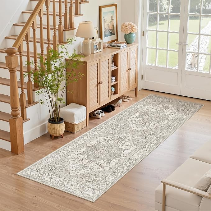 Madane Hallway Runner Rug 2x5 Washable Entry Rugs Non-Slip, Beige/Brown | Vintage Printed Low-Pile Kitchen Runners, Soft Low-Pile Stain-Resistant Throw Carpet for Bedroom Entrance Laundry Room 2'x5'