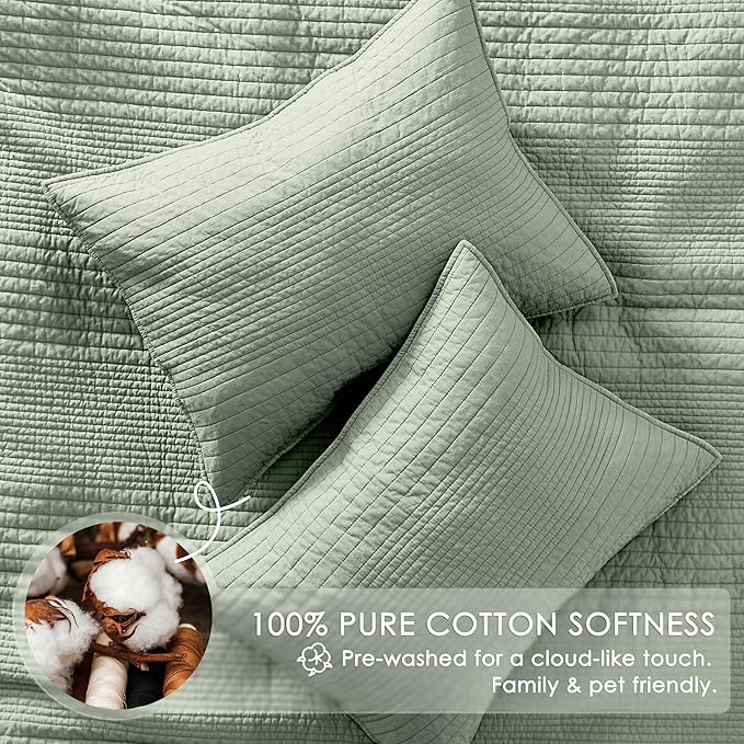 PALASSIO Striped Sage Green 100% Cotton Quilt California Cal King Size Bedding Set, Oversized Lightweight Channel Pick Stitch Textured Bedspread Soft Farmhouse Country Coverlet for All Season, 2 Shams