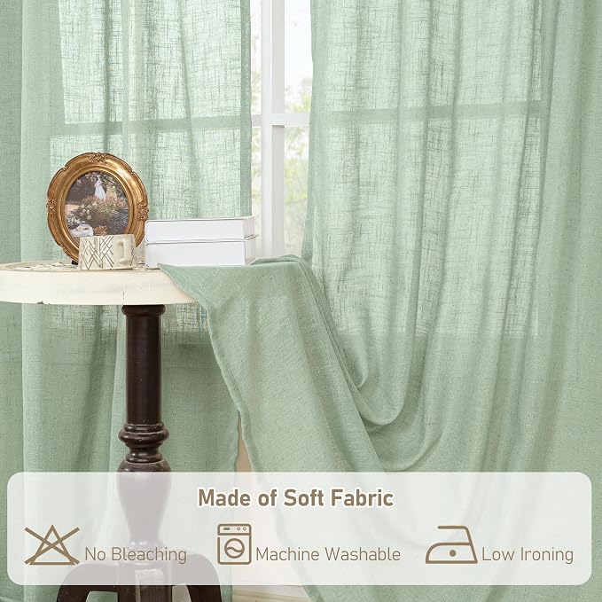 72 Inches Long Linen Sheer Curtains for Living Room 2 Panels | Fresh Green, Light Filtering, Bedroom Curtains, Soft Thick, Linen Textured Window Drapes, Bronze Grommet Panels, 52 x 72 Inch