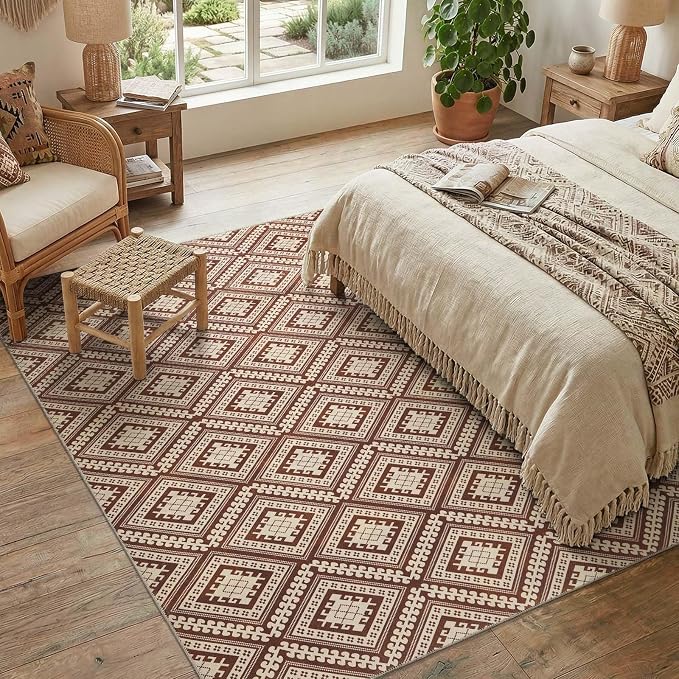 jinchan 5x7 Faux Jute Area Rug Washable Tile-Inspired Rug, Terracotta Brown | Vintage Geometric, Non-Slip, Low Pile, Indoor Outdoor, Natural Fiber Look, Living Room, Dining Room, Backyard, Bedroom, Patio