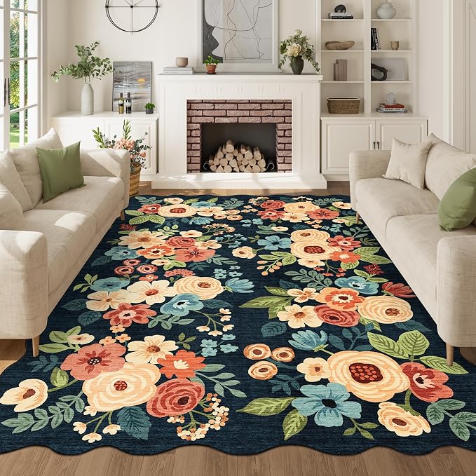 DUKINO 6x9 Area Rugs, Floral Washable Living Room Rug Non Slip, Navy Blue | Low Pile, Stain Resistant Throw Rug Runner for Entryway, Bedroom, Bathroom, Laundry, Pet Friendly, Modern Home Decor