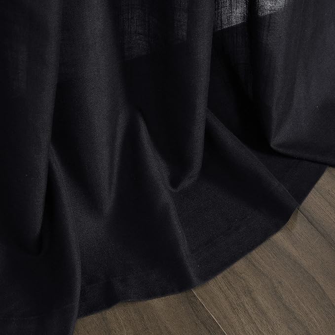 Black Linen Curtains 108 Inch Length for Living Room Bedroom 2 Panels Set Rod Pocket Light Filtering Semi Sheer Window Curtains 52 Inch Width Boho Farmhouse Linen Drapes, W52xL108