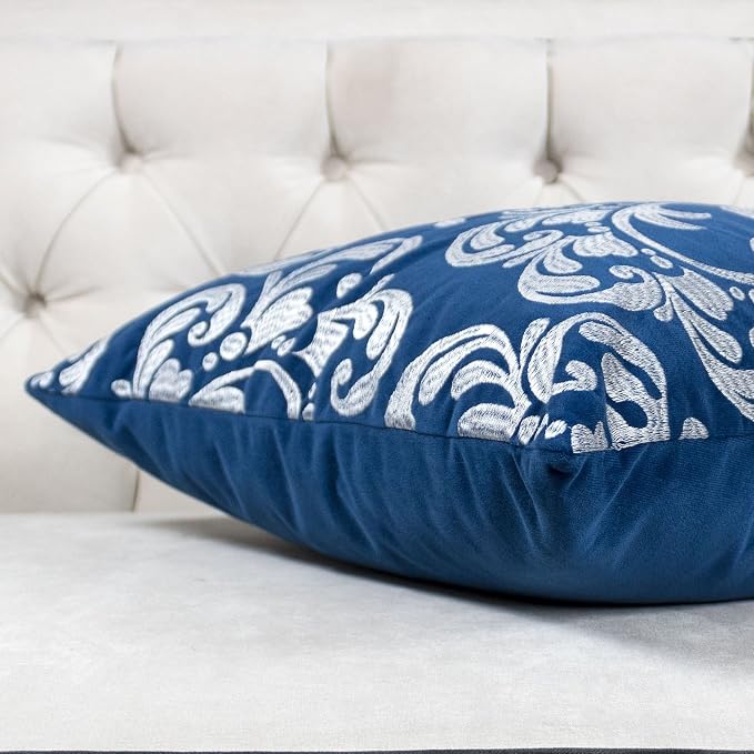 Embroidery Blue Velvet Throw Pillow Cover, Merry Christmas Series Silver Floral Luxury Soft Fuzzy Cozy Warm Slik Gift Square Couch Cushion Pillow Case 20 x 20 Inch, Cover Only