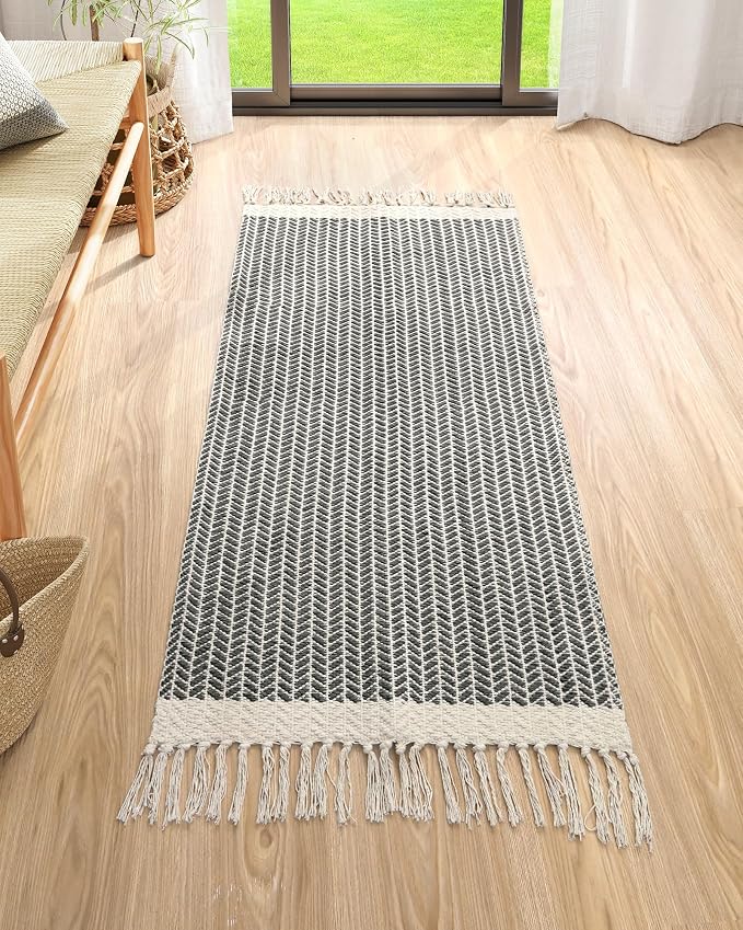 Lahome Boho Kitchen Runner Rug, 2x4.3 Washable Bathroom Entryway Rugs | Woven Cotton Throw Mat with Tassels, Farmhouse Non Shedding Lightweight Low Pile Carpet for Bath Bedroom Doorway, Khaki
