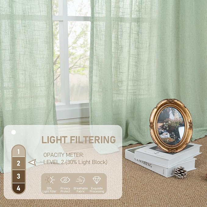 72 Inches Long Linen Sheer Curtains for Living Room 2 Panels | Fresh Green, Light Filtering, Bedroom Curtains, Soft Thick, Linen Textured Window Drapes, Bronze Grommet Panels, 52 x 72 Inch