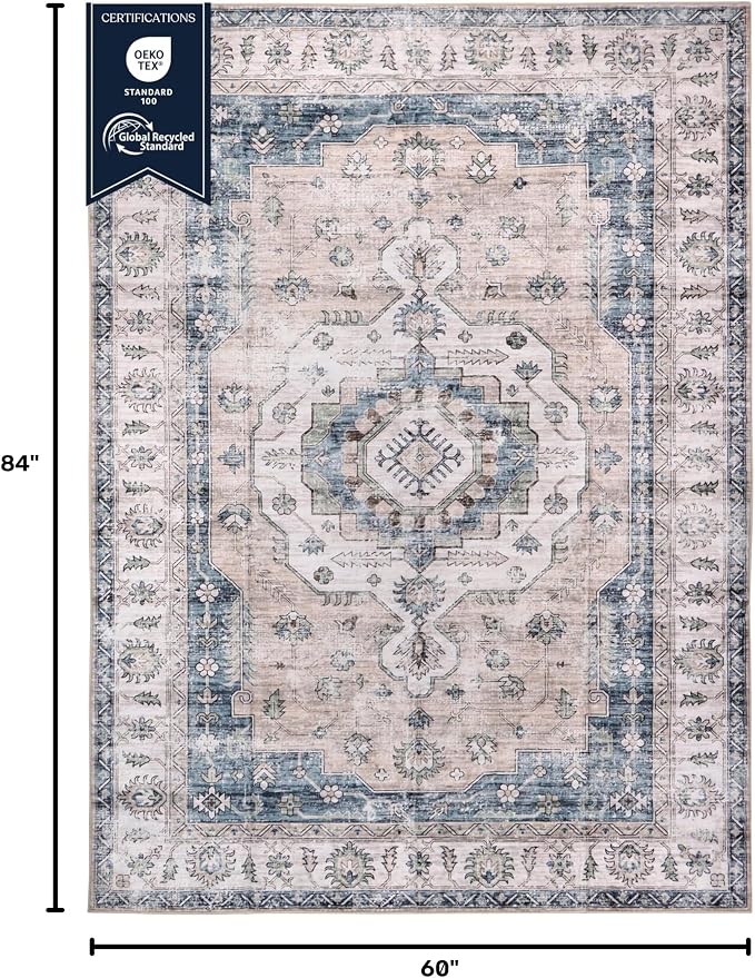 Machine Washable Area Rug, Soft & Durable, Non-Slip, Stain Resistant Rug for Bedroom, Living Room, Dining Room, High Traffic Areas. (Light Blue/Ivory, 5' X 7')