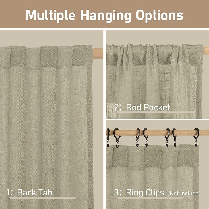 Semi Sheer Window Linen Curtains 54 Inch, 2 Panels, 34 x 54 Inch | Light Filtering Panels, Rod Pocket Back Tab, Country Decor Drapes for Bedroom, Farmhouse, Oatmeal, 2 Panels