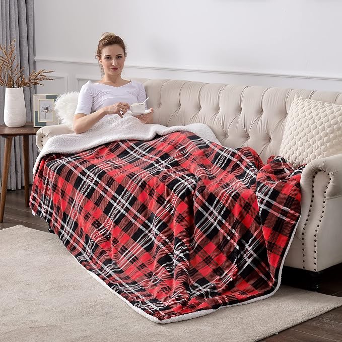 SOCHOW Sherpa Plaid Fleece Throw Blanket, 90 x 90 inches, Red/Grey | Double-Sided Super Soft Luxurious Bedding Blanket