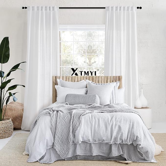 XTMYI 92 Inch Curtains Length 2 Panels Set,Back Tab Linen Sheer Window Curtains Living Room Bedroom,50x92 in Long,White
