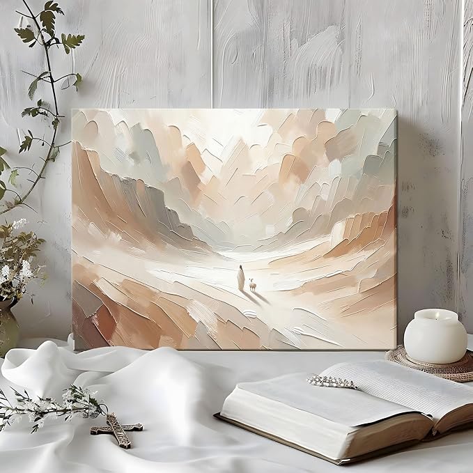 Jesus Leaves the 99 Sheep Canvas Wall Art, Christian Jesus Lamb Wall Decor Painting, The Lost Sheep Bible of Parable Posters Prints for Living & Prayer Room Church Home Decor 24x36 In Framed