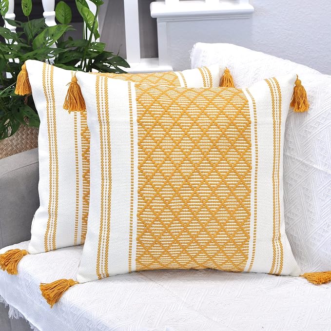 Boho Throw Pillow Covers with Tassels Mustard Yellow and White 18x18 inch -Set of 2 / Decorative Square Pillow Covers for Couch, Sofa/Farmhouse Woven Pillow Cases/Accent Cushion Covers