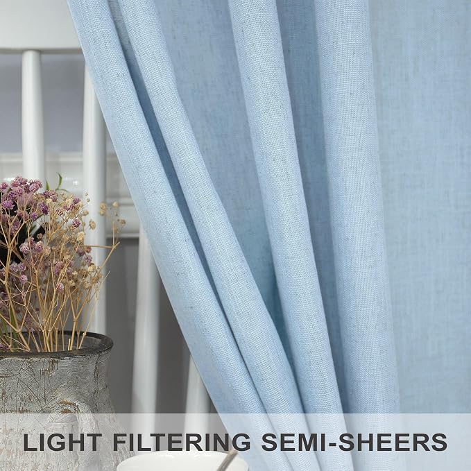 Light Blue Curtains 96 Inches Long for Living Room Back Tab Linen Light Filtering Modern Farmhouse Coastal Decor Baby Blue Cotton Textured Gauze Curtains for Dining Room Bedroom 52x96 Length Pale Blue