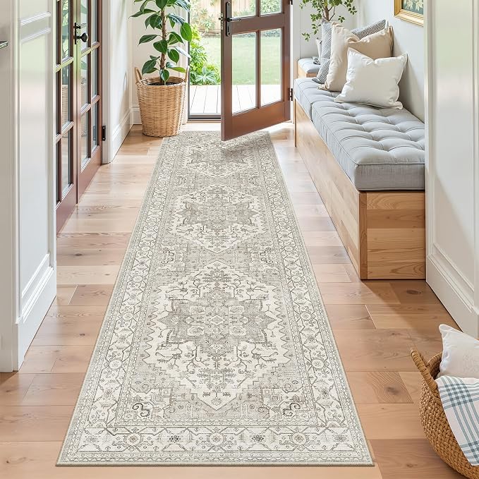 Madane Kitchen Runner Rug 2x7 with Rubber Backing Non Slip, Beige/Brown | Vintage Ultra-Thin Machine Washable Hallway Rugs 7 ft, Soft Low-Pile Throw Carpet Runners for Bedroom Bathroom Laundry Room