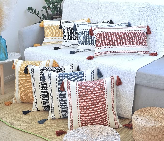 Decorative Boho Lumbar Pillow Covers with Tassels Navy Blue Off White, 12x20 inch -Set of 2 / Small Rectangle Cushion Covers for Couch Sofa/ Farmhouse Woven Pillow Cases/ Accent Chair Pillow Covers