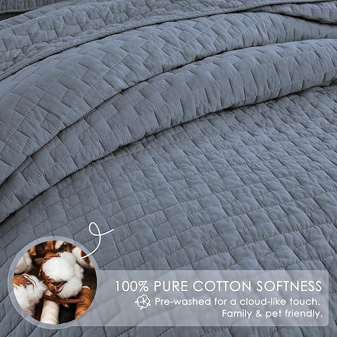 palassio Blue Grey 100% Cotton Quilt King Size Bedding Sets with 2 Pillow Shams, Textured Lightweight Soft Bedspread Shabby Chic Coverlet, Quilted Comforter Bed Cover for All Season, 3 Pieces