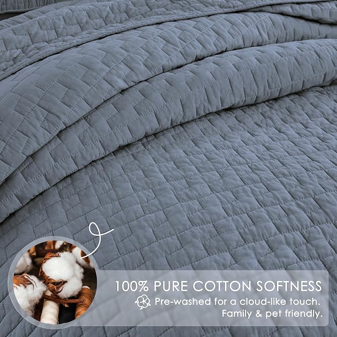 palassio Blue Grey 100% Cotton Quilt Twin Size Bedding Sets with 1 Pillow Sham, Textured Lightweight Soft Bedspread Shabby Chic Coverlet, Quilted Comforter Bed Cover for All Season, 2 Pieces