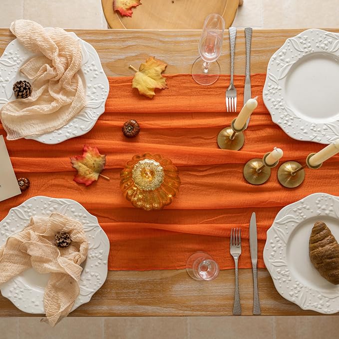3Pcs Fall Orange Cheesecloth Table Runner 120 Inch Party Home Decor | For Thanksgiving Friendsgiving Wedding Bridal Shower Baby Shower Engagement Party 10FT Rustic Boho Home Decorations