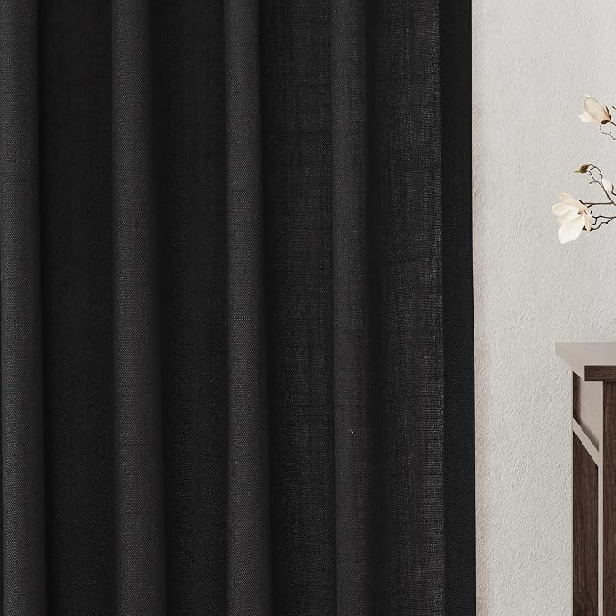 Jowels Black Linen Curtains 96 Inch Long 2 Panels for Living Room | Light Filtering Semi Sheer Curtain, Back Tab Pocket Pleated Look, Boho Farmhouse Textured Privacy Drapes for Bedroom Window