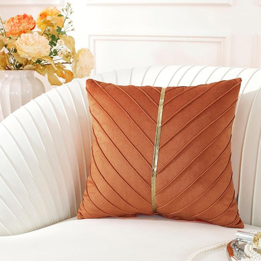 TAOSON Burnt Orange Gold Leather Velvet Throw Pillow Covers,18x18,Pack of 2 | Gold Leather Decorative, Cushion Cases, Spring Summer, Sofa Couch Living Room Décor