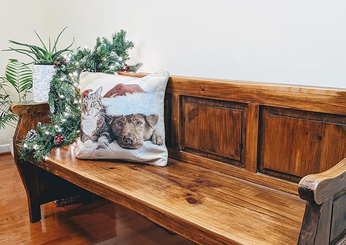 Tache 2 Piece Christmas Companions Tabby Cat Labrador Retriever Dog in Santa Hat Holiday Festive Tapestry Woven Throw Pillow Cushion Covers Set