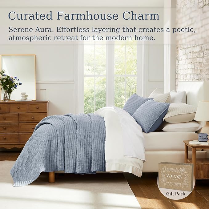 WDCOZY Chambray Pick Stitch King Size Quilt Set, Denim Blue Striped Lightweight Soft Summer Spring Bedspread, Bamboo Linen Like Textured Coverlet, Farmhouse Country Rustic Bedding, Thin Comforter