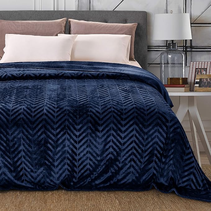 Whale Flotilla Flannel Fleece Bed Blanket King Size, Navy Blue | Lightweight Breathable Soft Bedspread, Plush Fluffy Coverlet Chevron Design Decorative Blanket for All Season, 90x104 Inch