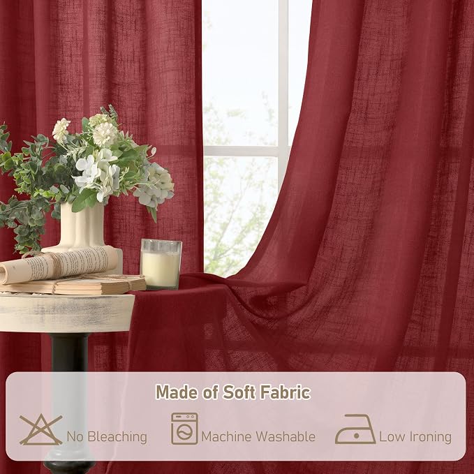 Burgundy Red Linen Curtains 40 Inches Long for Kitchen 2 Panels | Semi Sheer Light Filtering Panels, Christmas Decor, Drapes for Small Windows, Bathroom, Bronze Grommet, 34 x 40 Inch