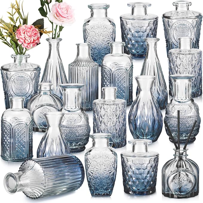 Inbagi 20 Pcs Glass Bud Vase Set - Small Flower Vases Bulk, Vintage Embossed Decorative Bottles for Wedding Valentine Home Table Centerpieces Decor, Gradient Blue