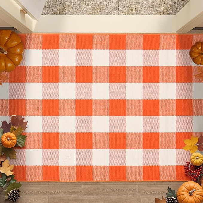 Fall Buffalo Plaid Rug 3x5 Ft, Orange White Indoor Outdoor Rug | Cotton Blend, Orange White Checkered, Machine Washable, Layering Rug, Porch Entryway Decor
