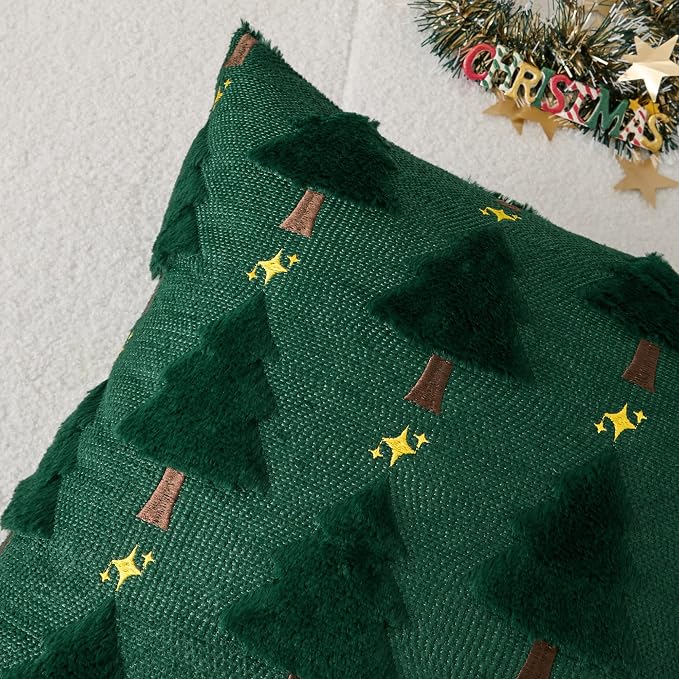 Kevin Textile Christmas Tree Pillow Covers 18x18 Inch Set of 2 Twinkle Golden Star Embroidery Soft Plush Faux Fur Throw Pillowcases for Couch Sofa Holiday Festivals Winter Xmas Gift, Dark Green
