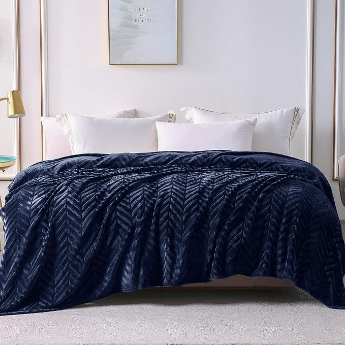 Whale Flotilla Flannel Fleece Bed Blanket Queen Size, Navy Blue | Lightweight Breathable Soft Bedspread, Plush Fluffy Coverlet Chevron Design Decorative Blanket for All Season, 90x90 Inch