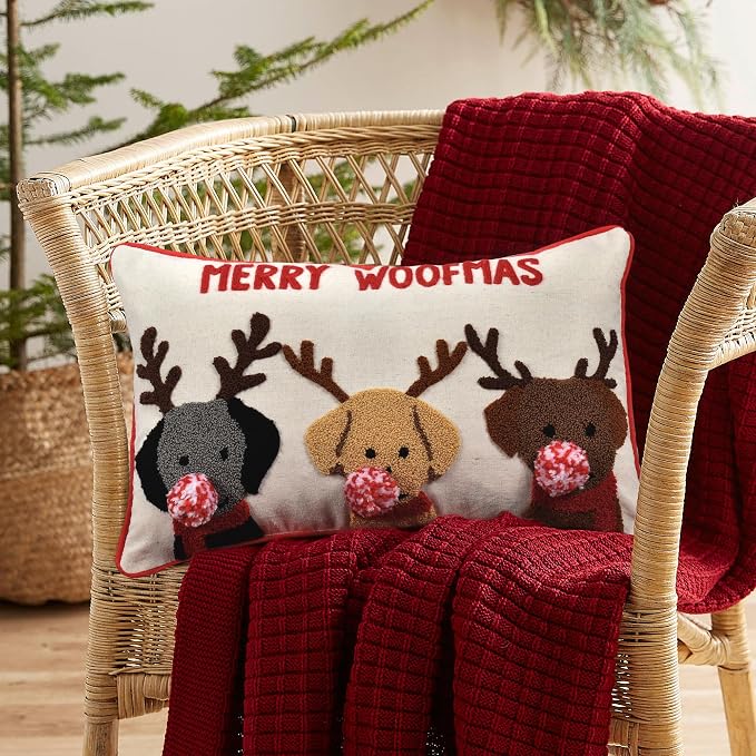 Merry Woofmas Christmas Pillow Covers 12x20, Cute Dog Embroidered Throw Pillowcases Christmas Decorations Holiday Pillows for Home Couch,Linen/red