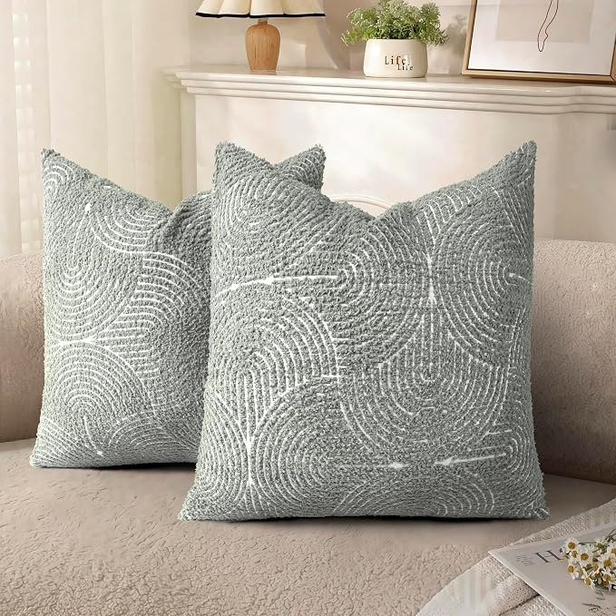 AELS Boho Decorative Textured Throw Pillow Covers 18x18, Organic Modern Mid Century Rainbow Tufted Pillow Case, Farmhouse Rustic Geometric Woven Cushion Case for Bed Couch Sofa, Slate Pale Blue Gray