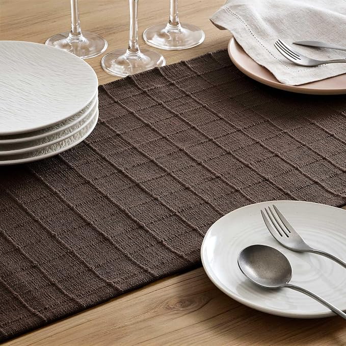 ZeeMart Artisanal Grid Linen Table Runner, 13x90 Inches Chocolate | Heavy Textured, Durable Thick Fabric, Farmhouse Handwoven Feel Linen Runner, Easy Care Table Decor for Kitchen Dining Room